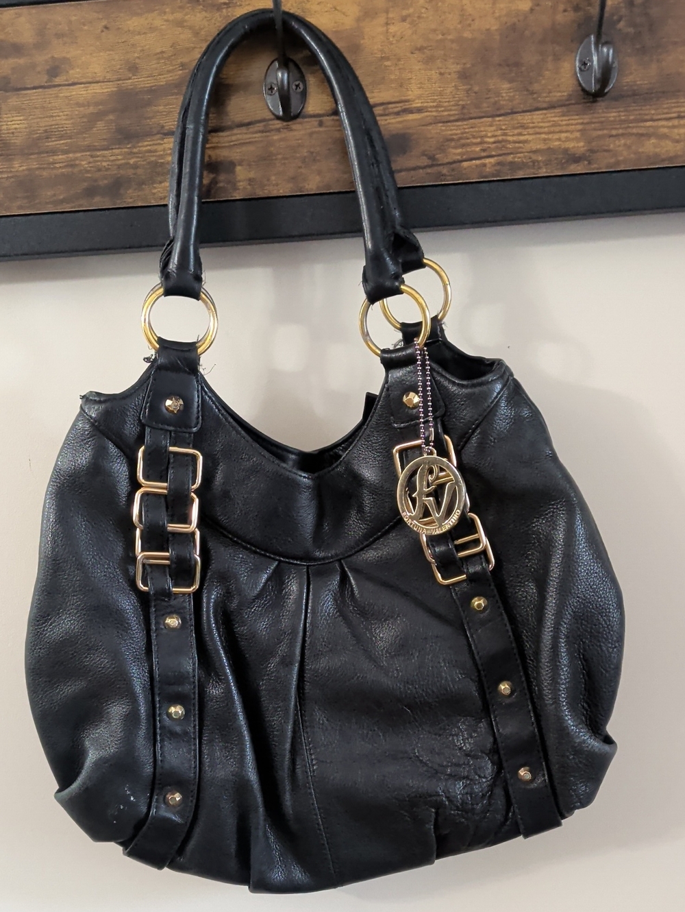 Black Leather Shoulder Bag with Gold Hardware